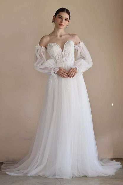A-Line Sweep-Brush Train Lace Tulle Wedding Dress CW3548