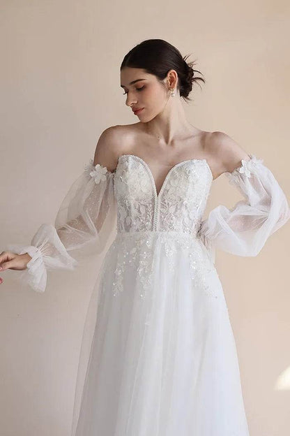 A-Line Sweep-Brush Train Lace Tulle Wedding Dress CW3548