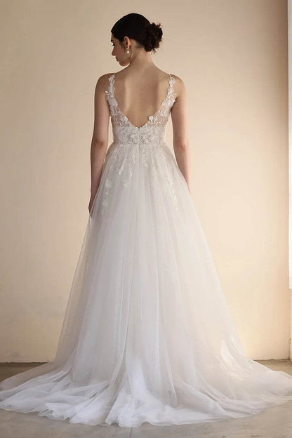 A-Line Sweep-Brush Train Lace Tulle Wedding Dress CW3550