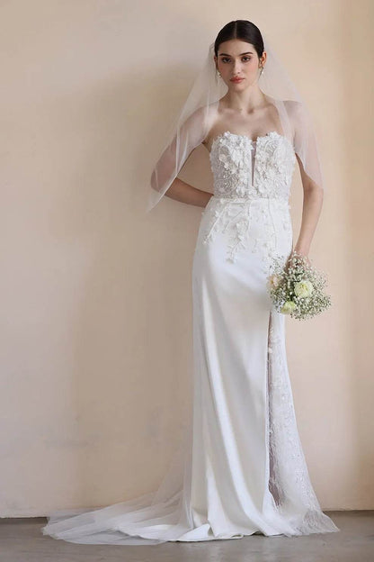 Trumpet-Mermaid Sweep-Brush Train Satin Lace Wedding Dress CW3551