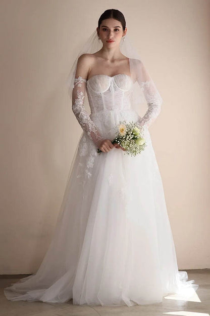 A-Line Sweep-Brush Train Lace Tulle Wedding Dress CW3552