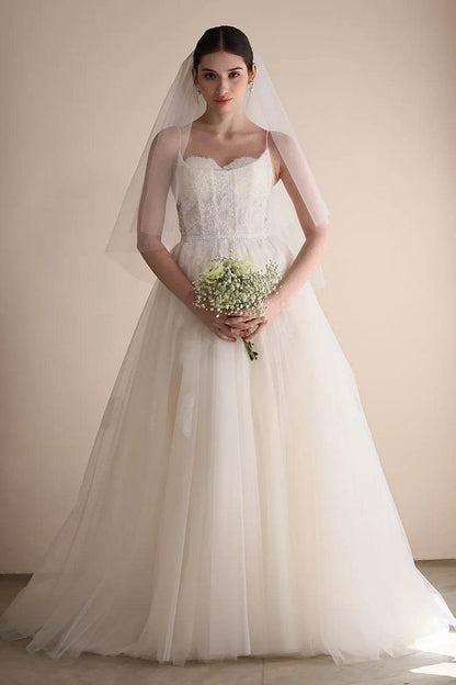 A-Line Sweep-Brush Train Lace Tulle Wedding Dress CW3553