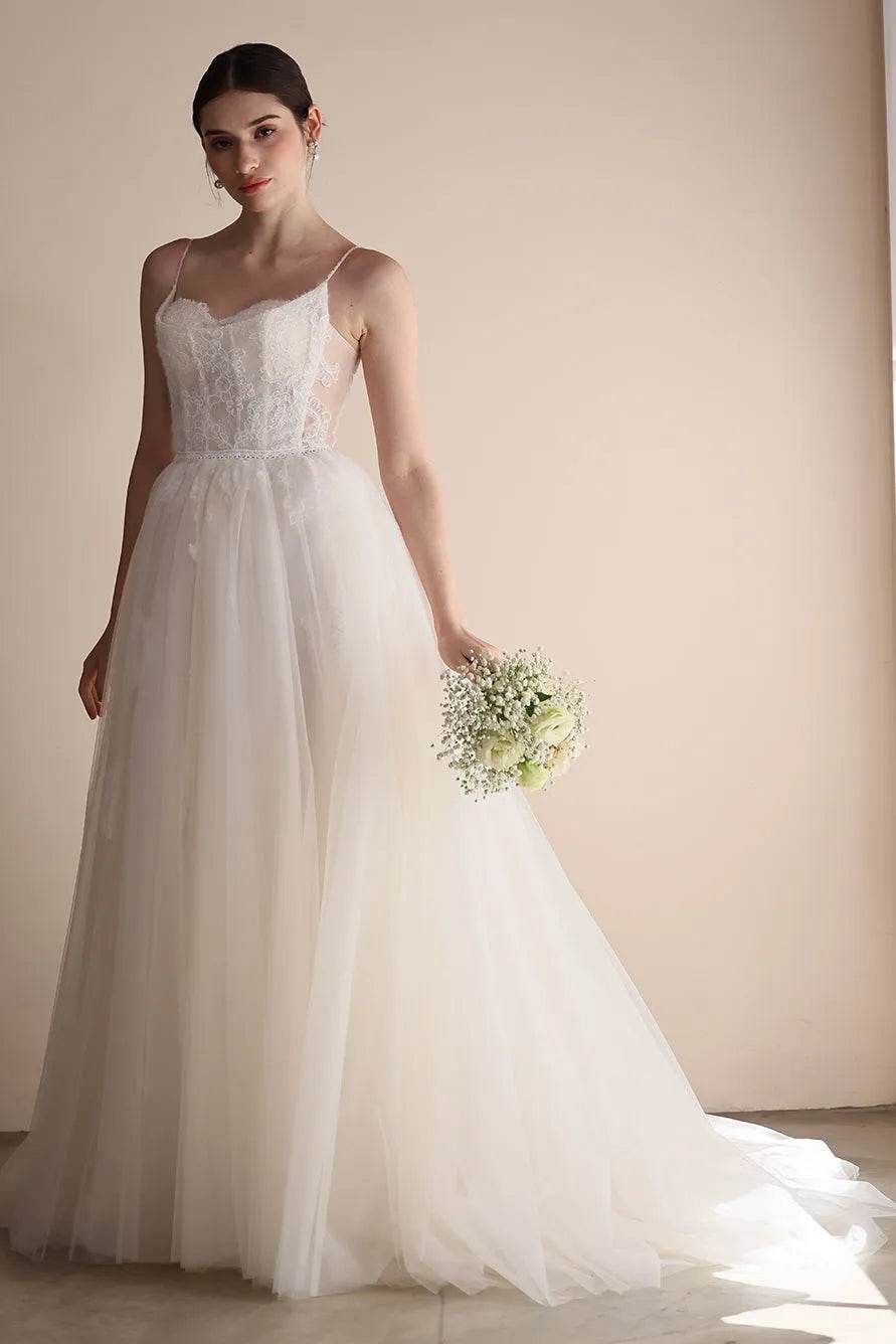A-Line Sweep-Brush Train Lace Tulle Wedding Dress CW3553