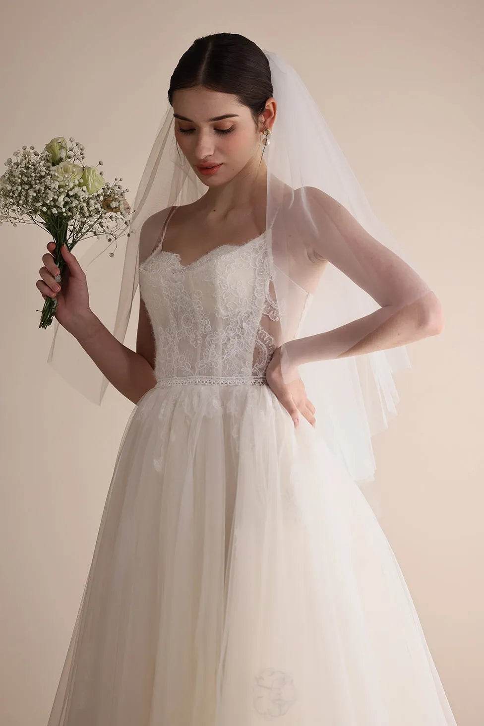 A-Line Sweep-Brush Train Lace Tulle Wedding Dress CW3553