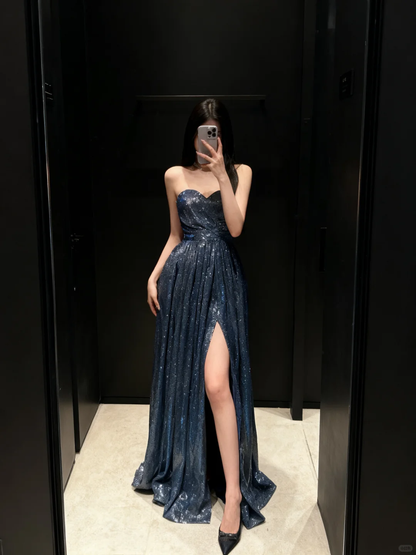 Shiny A Line Sequin Long Prom Dress Classy Evening Gowns with Slit
