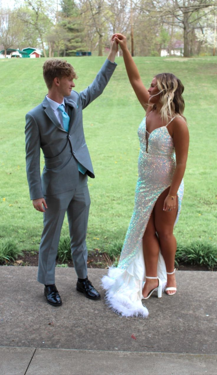 Glitter White Sequins Prom Dress With Hem Feathers  cc807