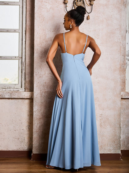 Deep V-neck Slit Chiffon Dresses With Spaghetti Straps Dusty Blue