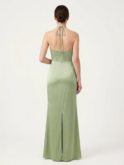 Slim Fit Satin-Blend Dress with Self-Tie Halter Dusty Sage