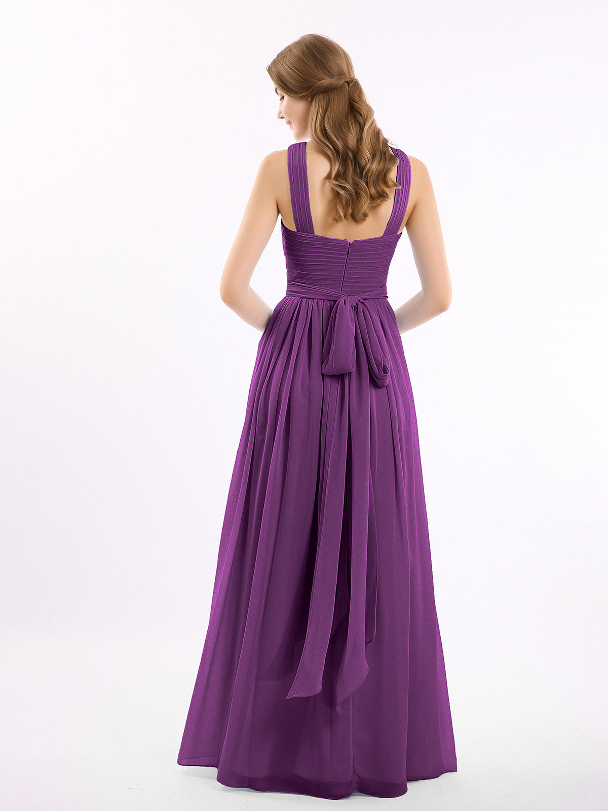 Cross Front Chiffon Long Dress with Bow Grape