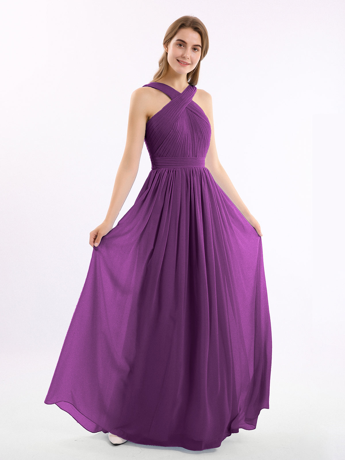 Cross Front Chiffon Long Dress with Bow Grape