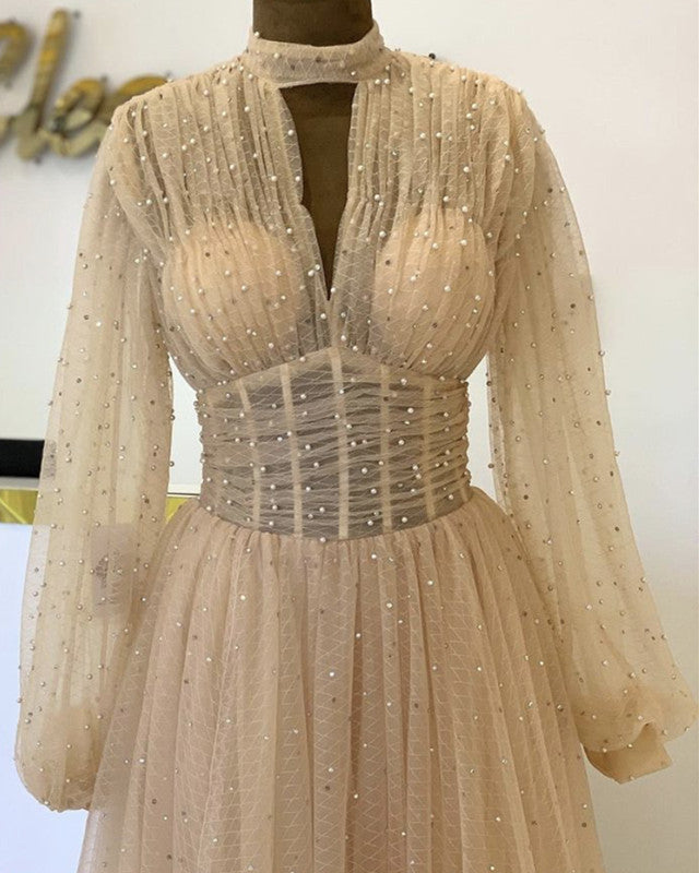 High Neck Long Sleeves Tulle Dresses With Pearl Beaded