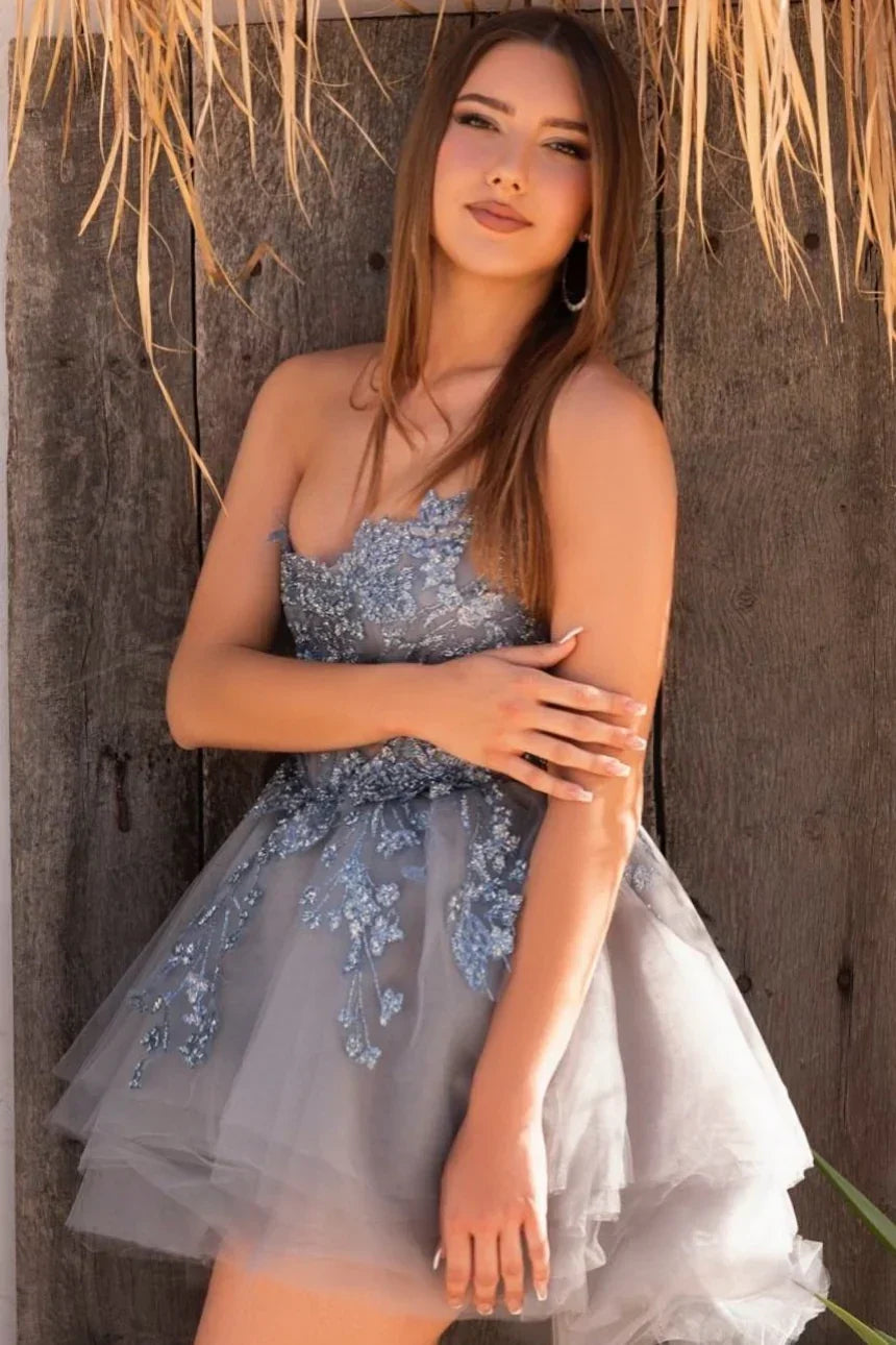 Vintage Blue Applique Strapless Design A-line Tulle Party Dress Homecoming Dress HZ1024