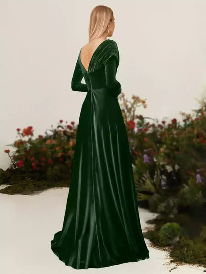 Charming A-line/Princess style asymmetrical long sleeved pleated velvet Mother of the Bride Dresses