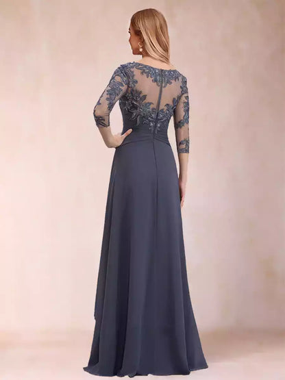 Charming A-lineprincess round neck seven quarter sleeve chiffon with decals and ruffles Mother of the Bride Dresses