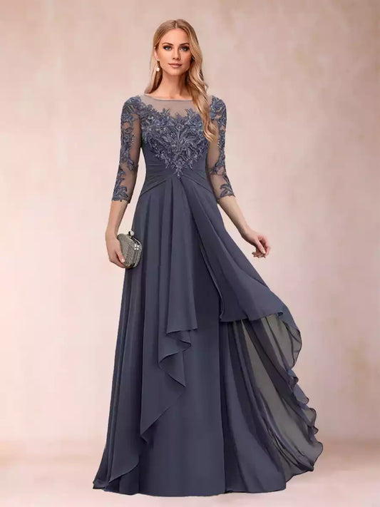 Charming A-lineprincess round neck seven quarter sleeve chiffon with decals and ruffles Mother of the Bride Dresses