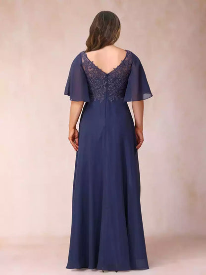 Charming A-line/princess style V-neck half sleeve long formal plus size bead and decal Mother of the Bride Dresses