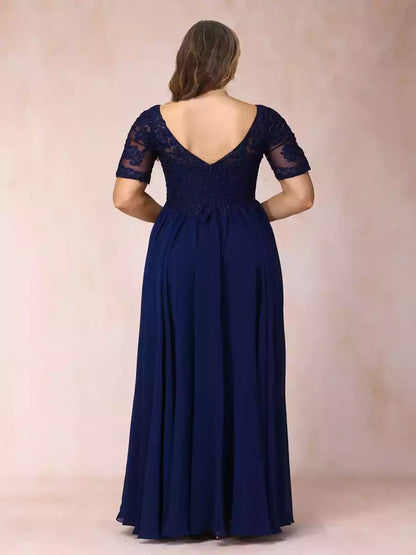 Charming A-line/princess style V-neck short sleeved long formal plus size bead and decal Mother of the Bride Dresses