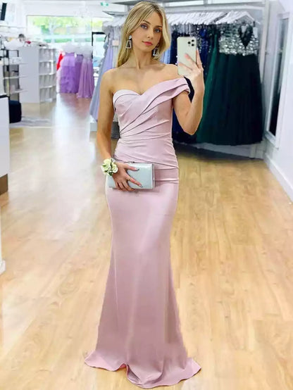 Charming mermaid satin single shoulder neckline sleeveless pleated lace up back Prom Dresses