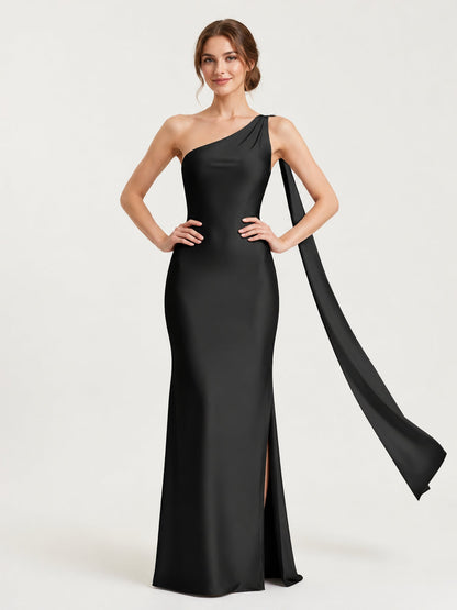 One-Shoulder Satin Gown with Long Shoulder Streamer Black