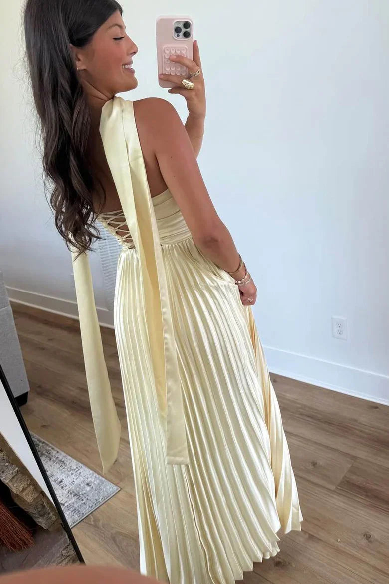Strapless Pleated Satin Maxi Prom Dress  A-Line Evening Gown with Scarf