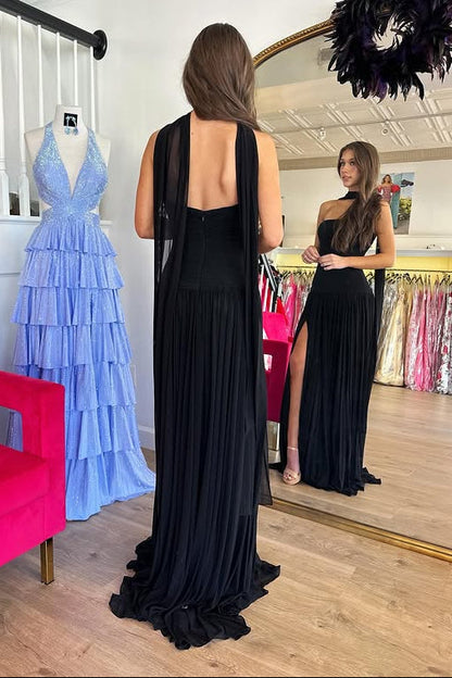 Chiffon A-Line Strapless Backless Leg Slit Prom Dress with Scarf