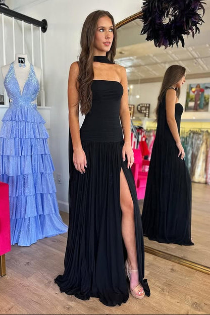 Chiffon A-Line Strapless Backless Leg Slit Prom Dress with Scarf