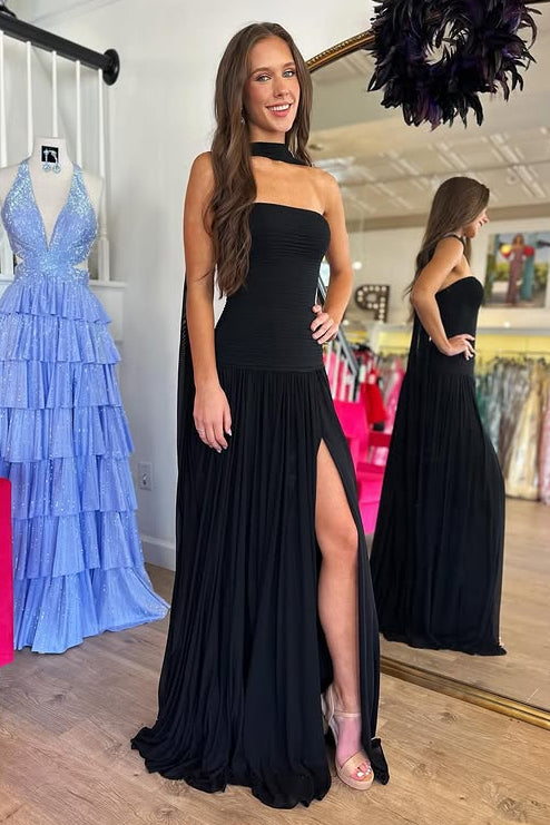 Chiffon A-Line Strapless Backless Leg Slit Prom Dress with Scarf