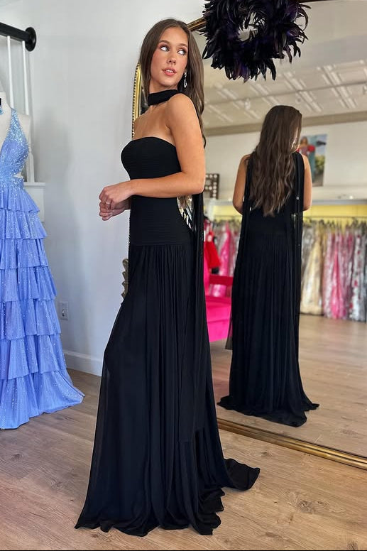 Chiffon A-Line Strapless Backless Leg Slit Prom Dress with Scarf