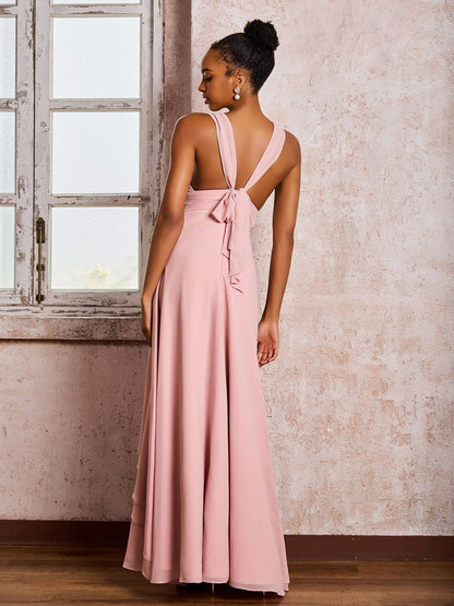 Plunging V-Neck Ruffle Open Back Dresses with Cascade Skirt Dusty Rose