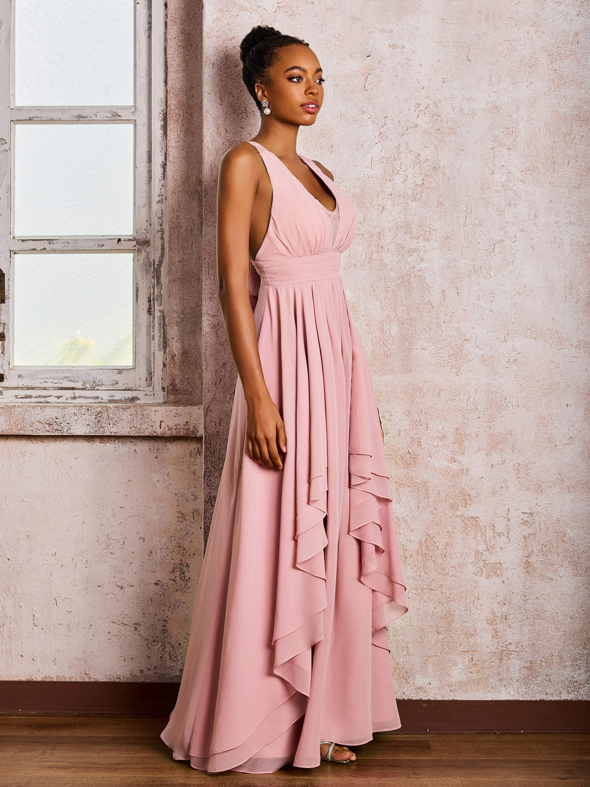 Plunging V-Neck Ruffle Open Back Dresses with Cascade Skirt Dusty Rose