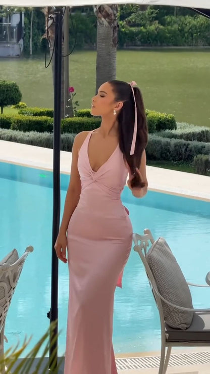 Classy V Neck Prom Dresses Satin Straps Mermaid Formal Gown