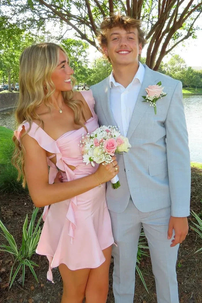 Vintage Pink Chiffon Ruffled Backless Homecoming Dress Party Dress Cocktail Dress HZ1024