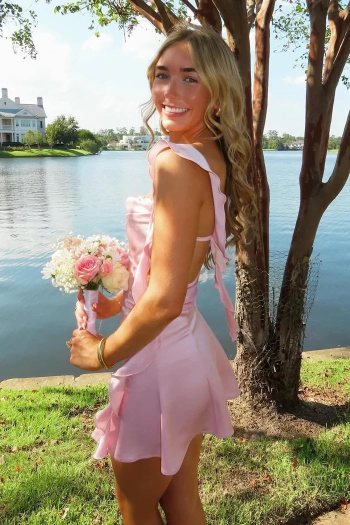Vintage Pink Chiffon Ruffled Backless Homecoming Dress Party Dress Cocktail Dress HZ1024