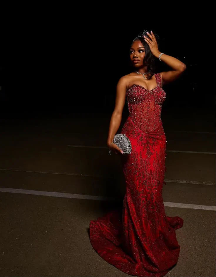 Sexy Mermaid One Shoulder Sequin Wine Red Long Birthday Dress Birthday Outfits Graduation Dresses D2615