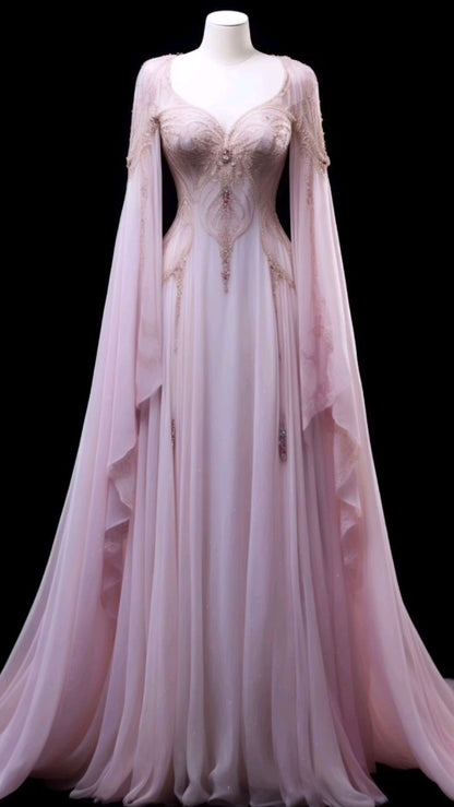 Pink Long Sleeves A-Line Elegant Long Formal Prom Dress Evening Gown Gala Dress, HZ0319