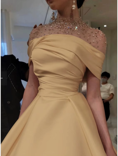Elegant A-Line Evening Gown Elegant Dress Formal Floor Length Short Sleeve Illusion Neck Satin with Ruched Beading Prom Dress HZ1024