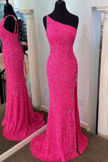One Shoulder Stars Mermaid Sequins Long Formal Dress with Side Slit