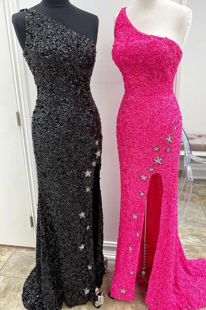 One Shoulder Stars Mermaid Sequins Long Formal Dress with Side Slit