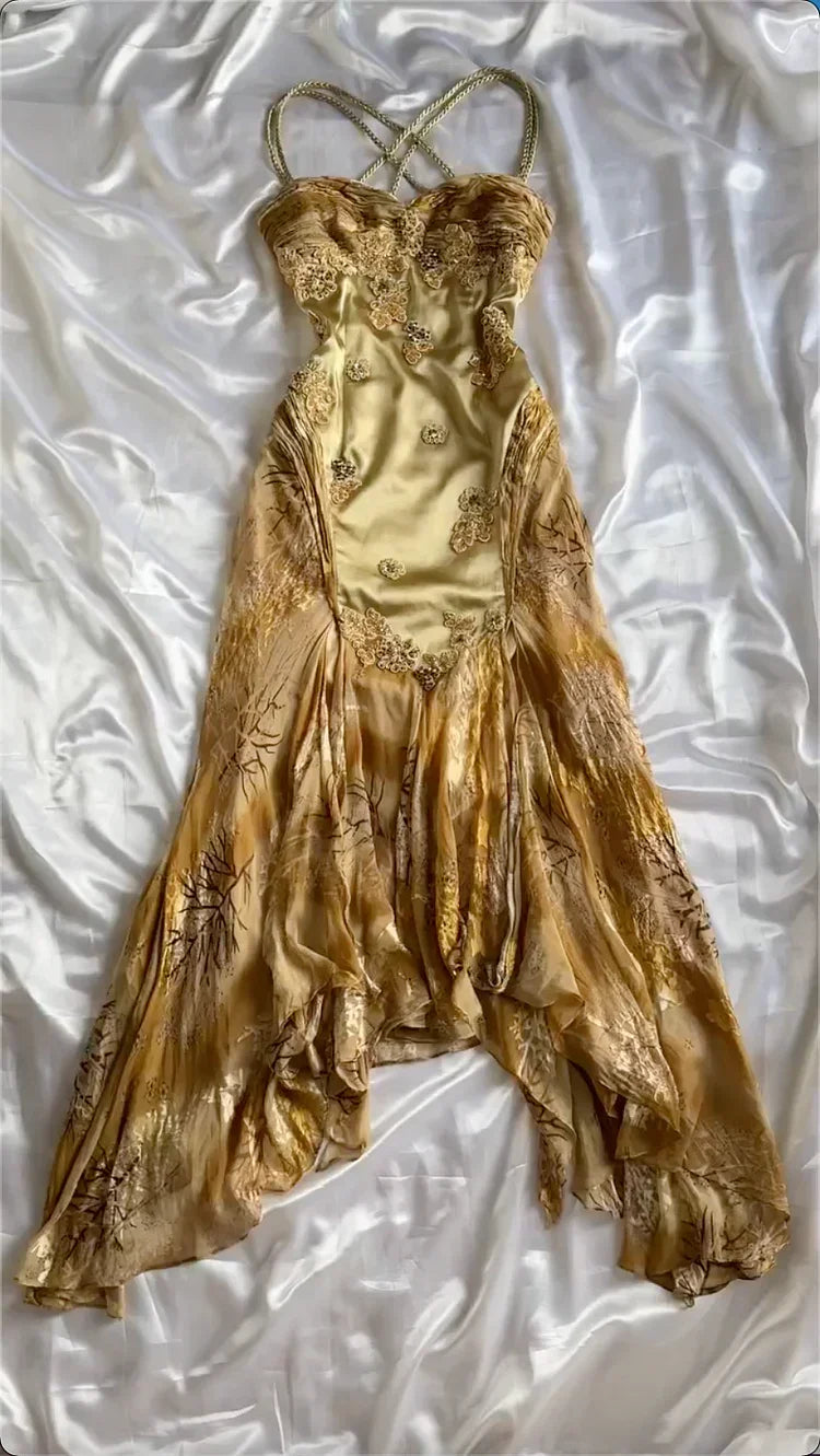 Vintage Golden Sweetheart Applique A-line Spaghetti Strap Evening Dress Prom Dresses HZ1024