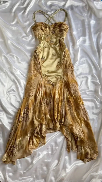 Vintage Golden Sweetheart Applique A-line Spaghetti Strap Evening Dress Prom Dresses HZ1024