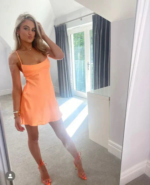 Cute Orange Satin Spaghetti Strap Sheath Short Party Dress Cocktail Dress Homecoming Dress HZ1024