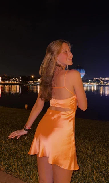Cute Orange Satin Spaghetti Strap Sheath Short Party Dress Cocktail Dress Homecoming Dress HZ1024