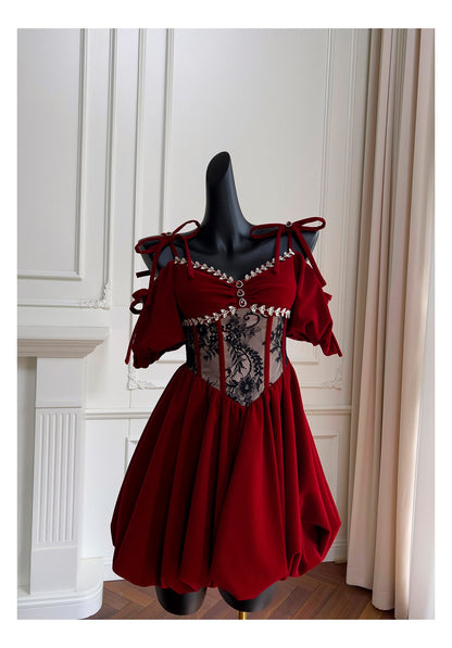 Aesthetic Ball Gown Burgundy Velvet Short Mini Feathers Formal Homecoming Dress Short Cocktail Outfits Graduation Dress Mini Hoco Dress DH2294