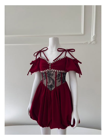 Aesthetic Ball Gown Burgundy Velvet Short Mini Feathers Formal Homecoming Dress Short Cocktail Outfits Graduation Dress Mini Hoco Dress DH2294