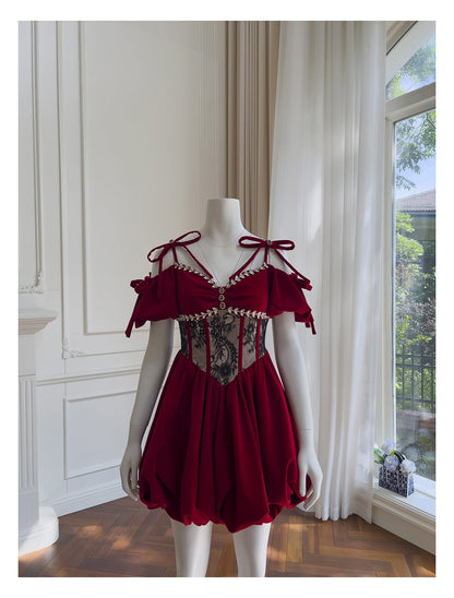 Aesthetic Ball Gown Burgundy Velvet Short Mini Feathers Formal Homecoming Dress Short Cocktail Outfits Graduation Dress Mini Hoco Dress DH2294