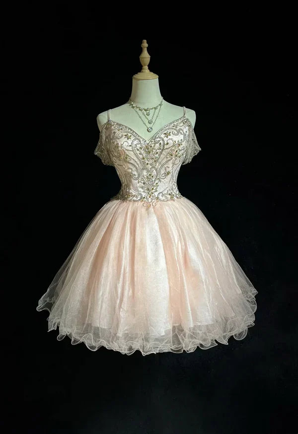 Vintage Pink Beaded Embroidery A-Line Homecoming Dress Spaghetti Strap Party Dress Short Chiffon Cocktail Dress HZ1024