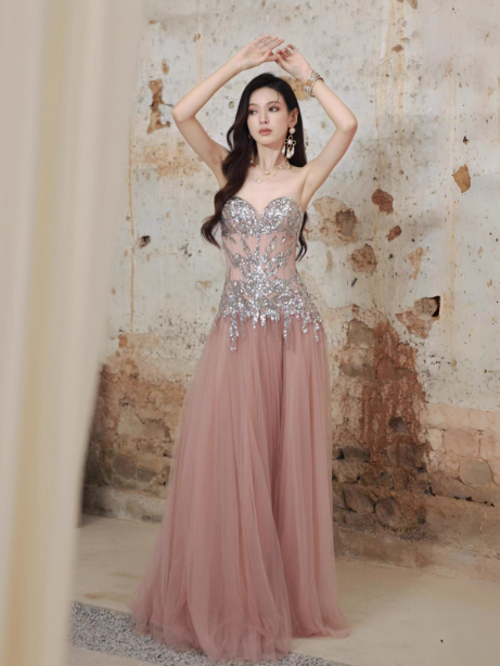 Modest Sweetheart Neck Formal Dress Pink Tulle Sequins Evening Gown Sparkly 16th Birthday Dress DH2704