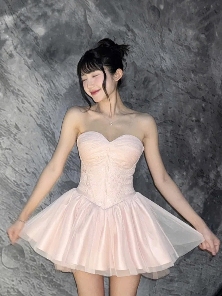 Cute Ball Gown Sweetheart Pink Lace Short Summer Homecoming Dress Hoco Dress Birthday Outfit 21st Birthday Mini Party Dresses DH415