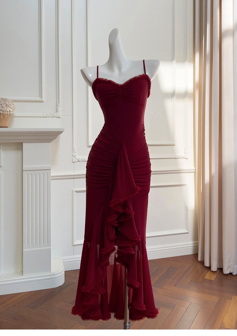 Elegant High Low Spaghetti Straps Burgundy Sleeveless Long Evening Party Gowns Evening Formal Dresses Prom Dress DH90