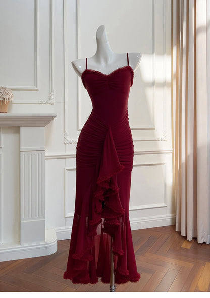 Elegant High Low Spaghetti Straps Burgundy Sleeveless Long Evening Party Gowns Evening Formal Dresses Prom Dress DH90
